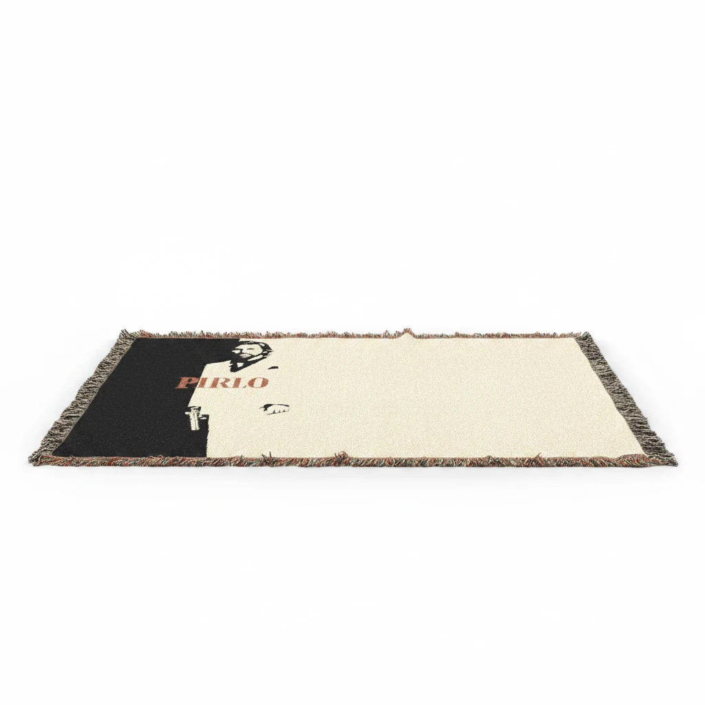 Futbol Addict Pirlo Scarface woven cotton blanket with black and white graphic design and colorful fringed edges.