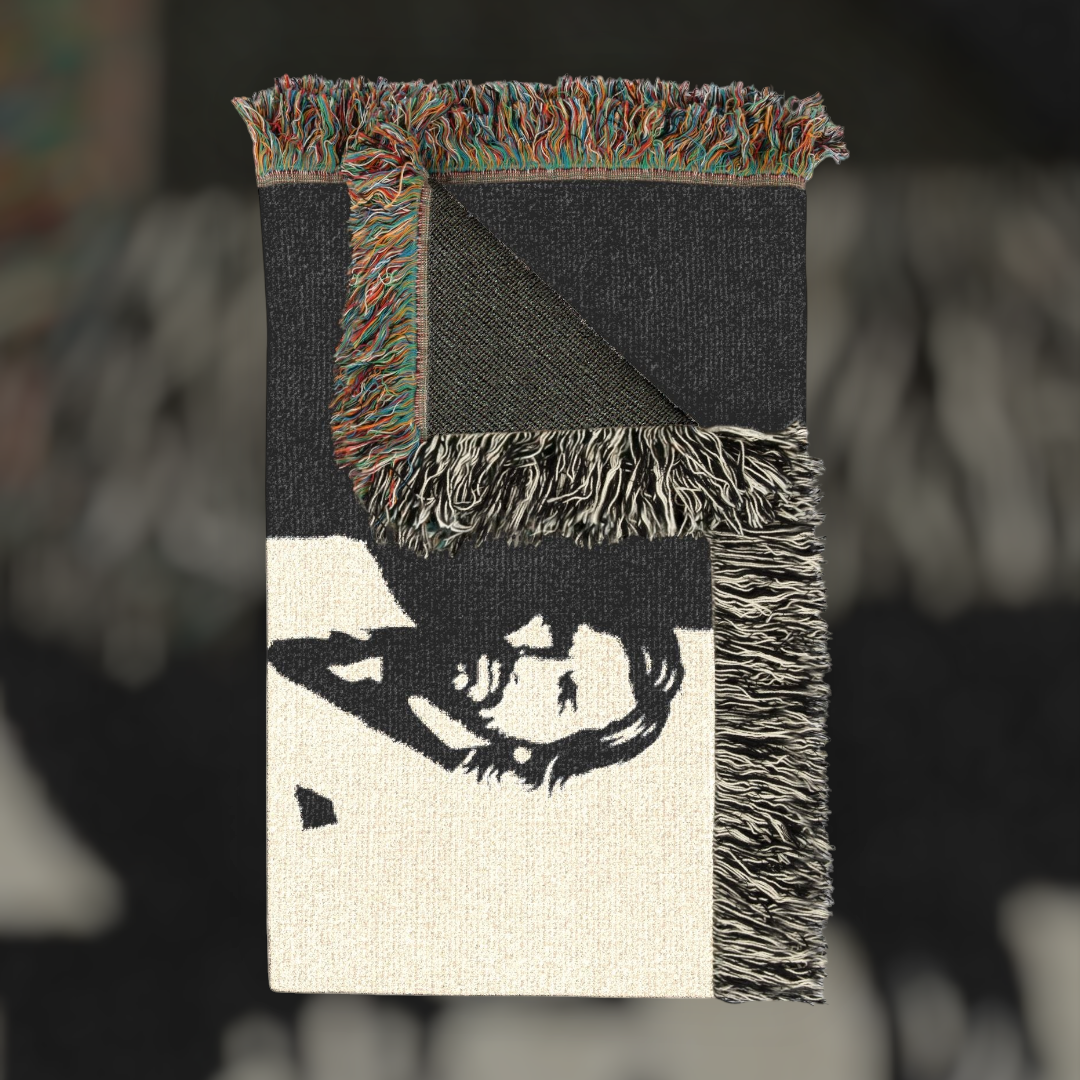 Futbol Addict Pirlo Scarface woven cotton blanket featuring a black and white portrait with colorful fringed edges.