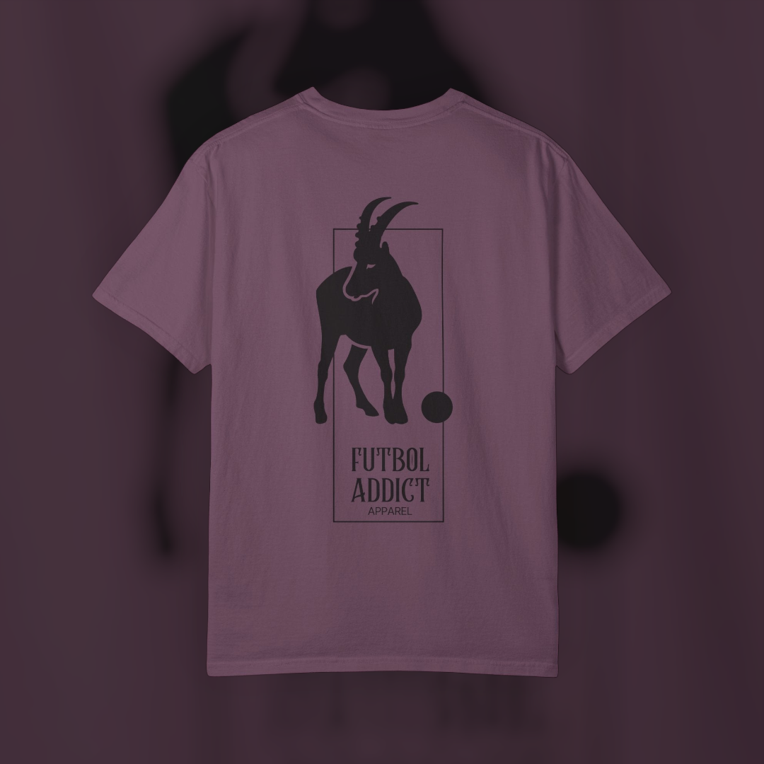 Futbol Addict oversized purple cotton graphic tee featuring a black goat illustration on the back