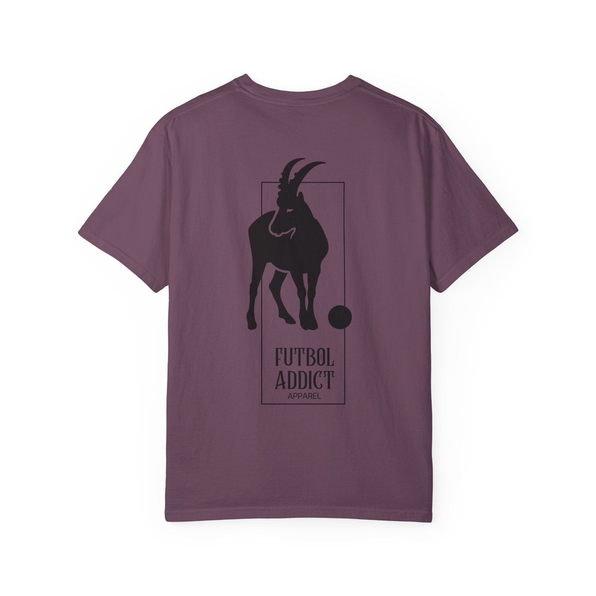 Futbol Addict oversized purple cotton graphic tee featuring a black goat illustration on the back