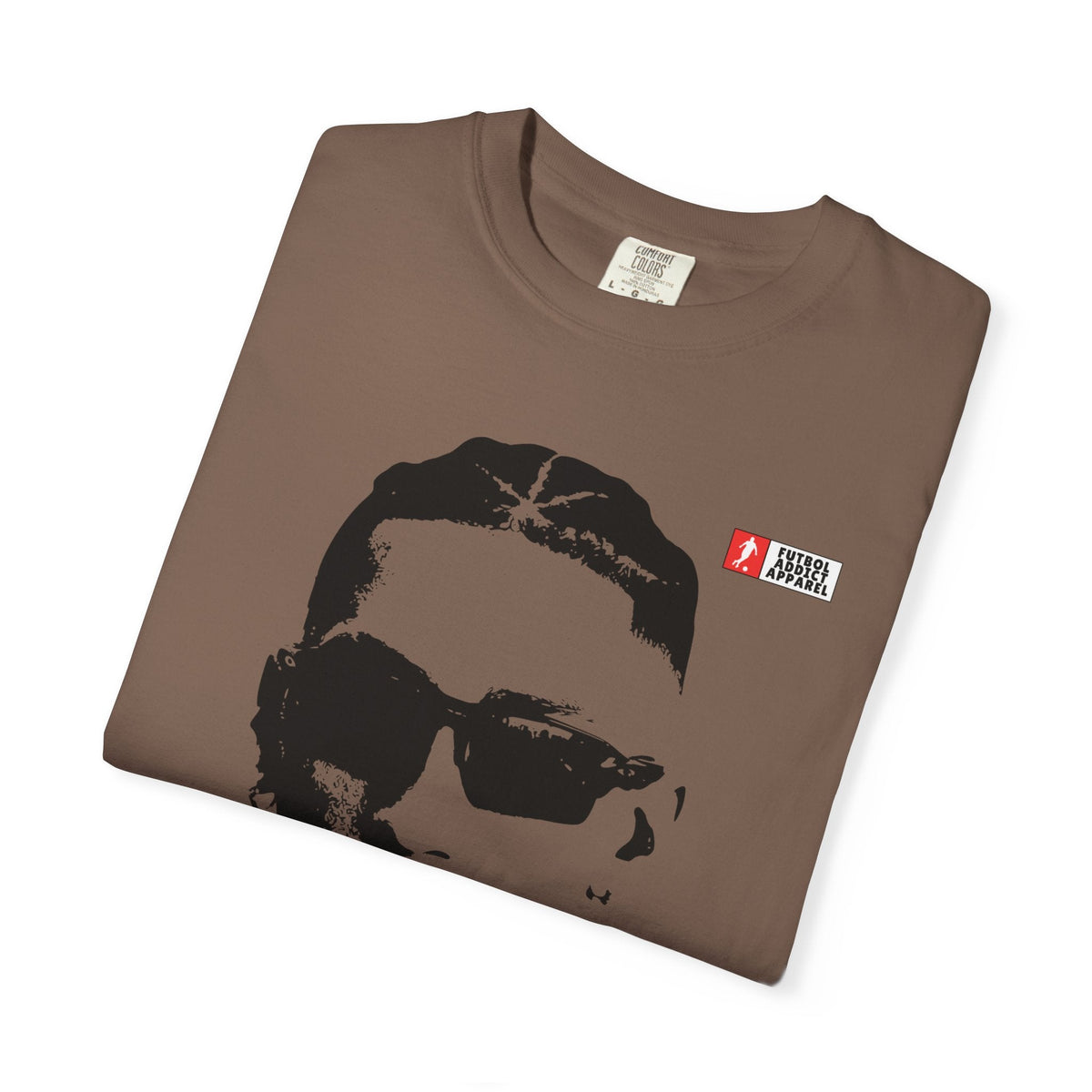 Futbol Addict brown oversized cotton graphic tee featuring a vintage-style portrait of Raphinha in sunglasses.