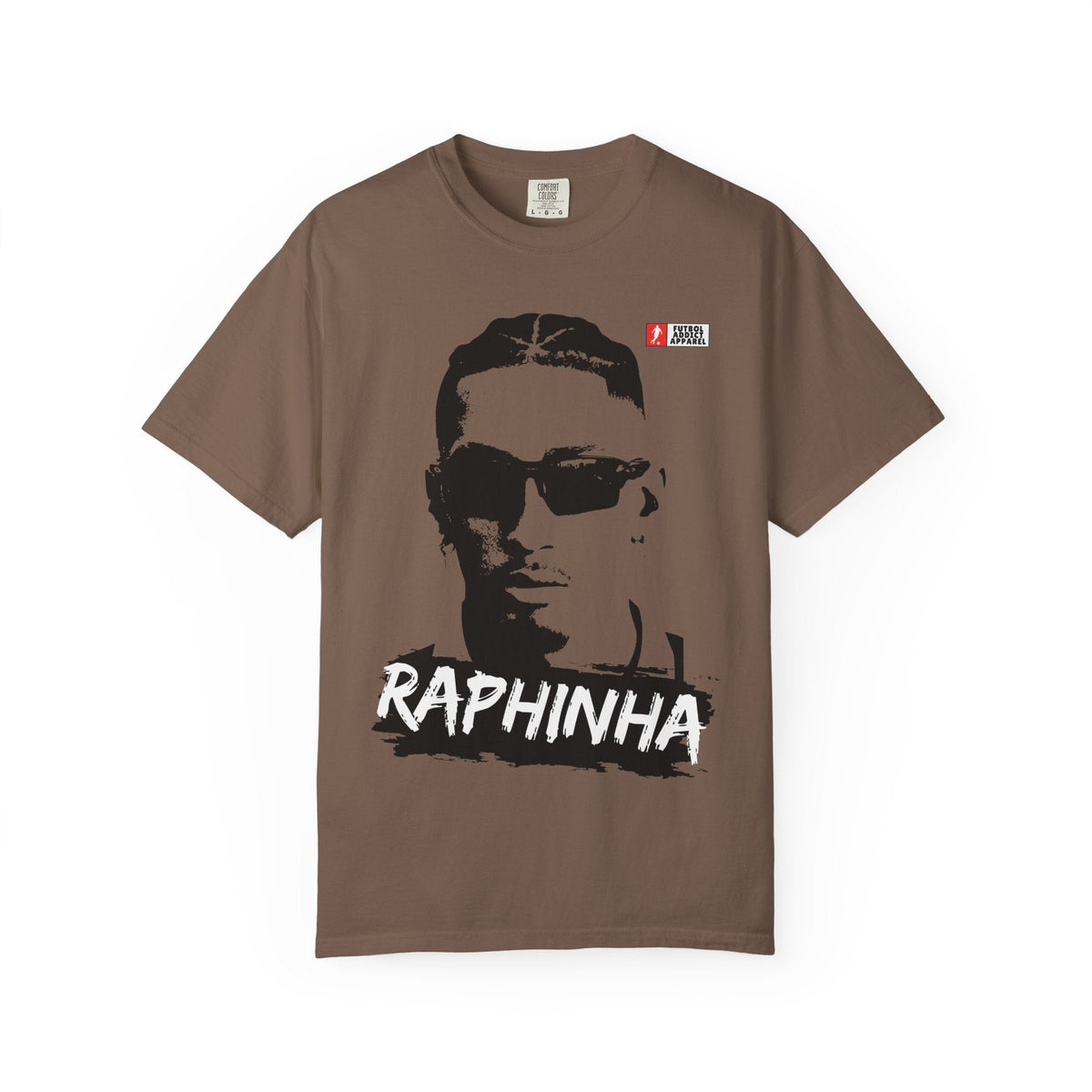 Futbol Addict brown oversized cotton t-shirt featuring a retro graphic of Raphinha wearing sunglasses