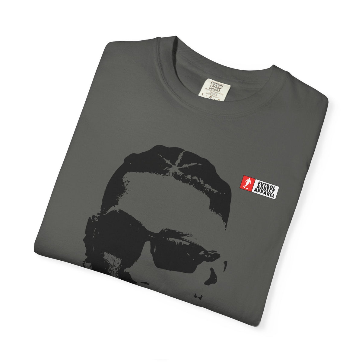Futbol Addict Raphinha graphic tee in charcoal grey cotton with a minimalist portrait print and small brand logo.