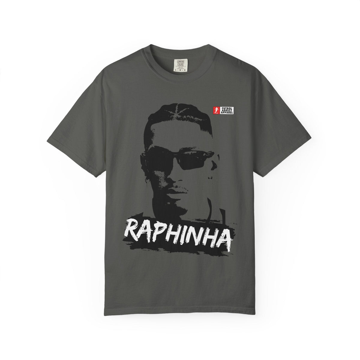 Futbol Addict oversized grey cotton graphic t-shirt featuring a vintage portrait of Raphinha in sunglasses