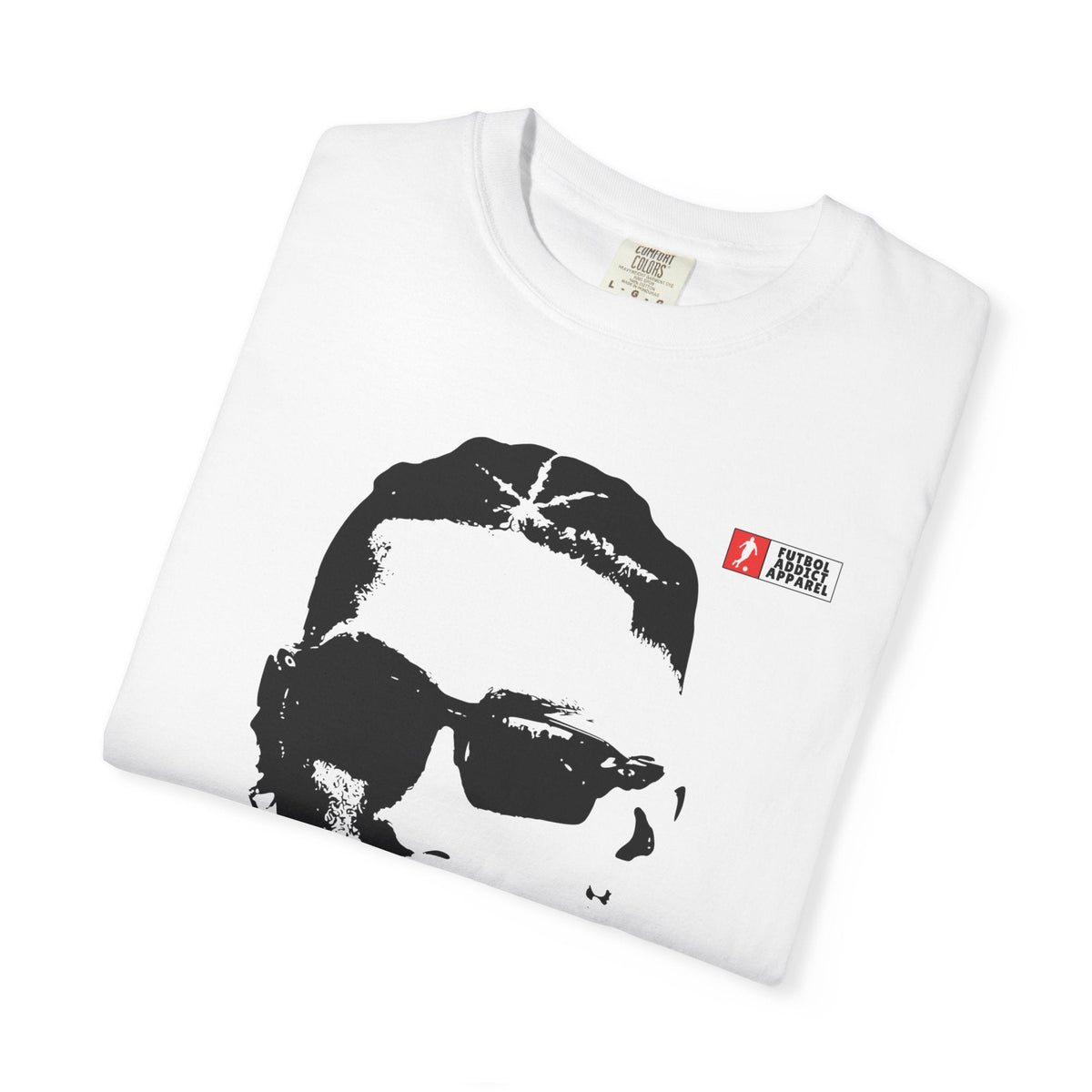 Futbol Addict white oversized cotton graphic tee featuring a black and white portrait of Raphinha in sunglasses.