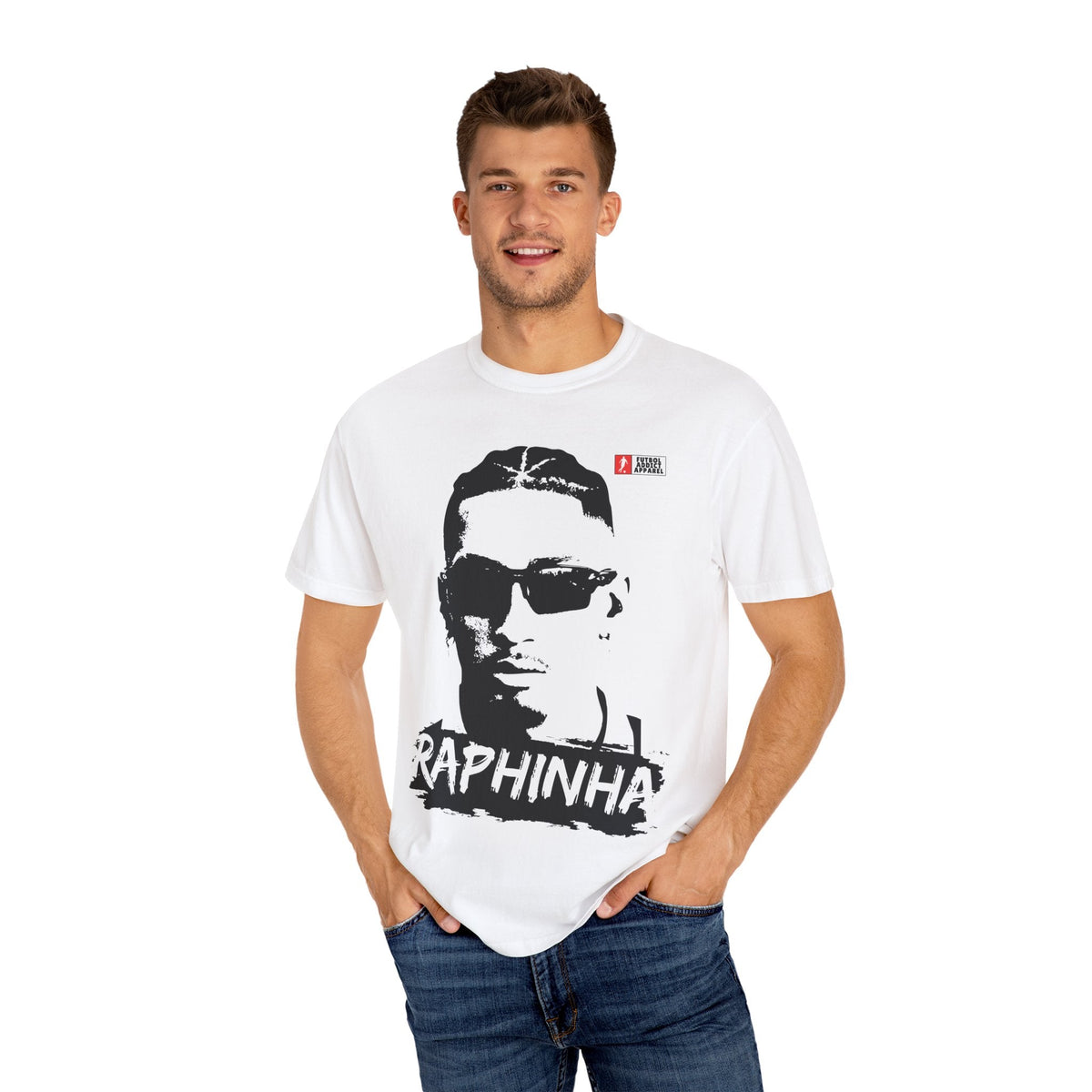 Futbol Addict white cotton oversized graphic tee featuring a black and white portrait of footballer Raphinha.