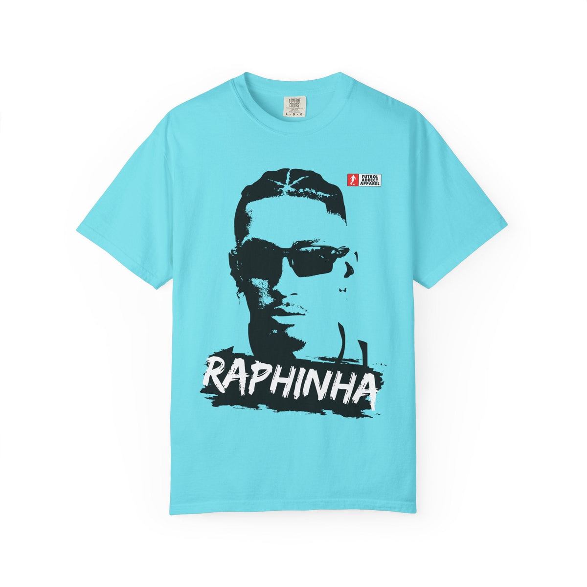 Futbol Addict light blue oversized cotton graphic tee featuring a black and white portrait of Raphinha in sunglasses.