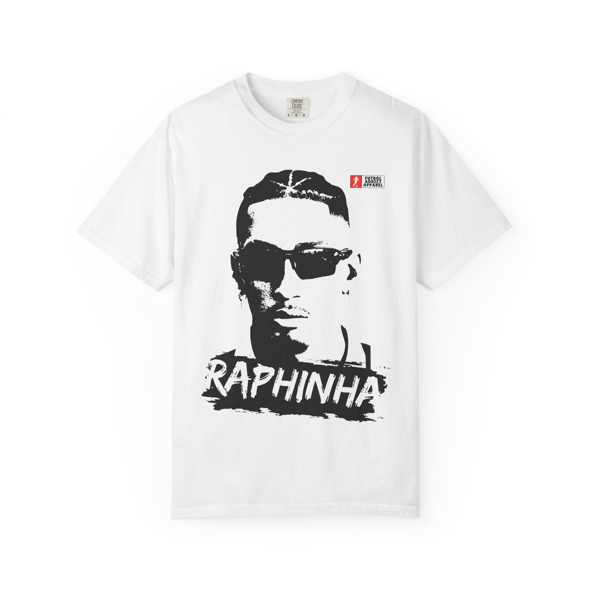 Futbol Addict white oversized cotton t-shirt featuring a black and white graphic print of Raphinha wearing sunglasses.