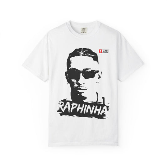 Futbol Addict white oversized cotton t-shirt featuring a black and white graphic print of Raphinha wearing sunglasses.