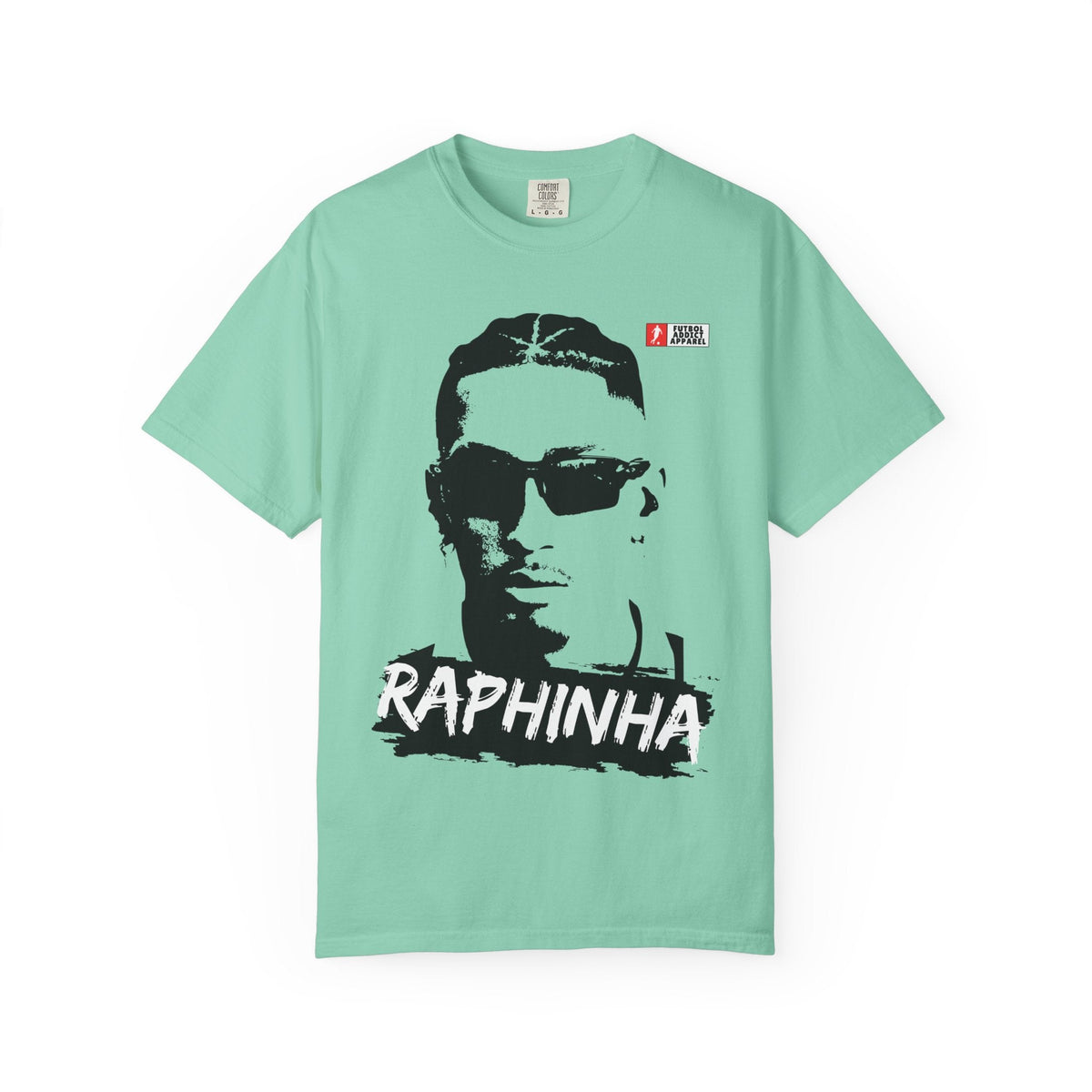 Futbol Addict oversized mint green cotton graphic tee featuring a vintage-style portrait of Raphinha in sunglasses.