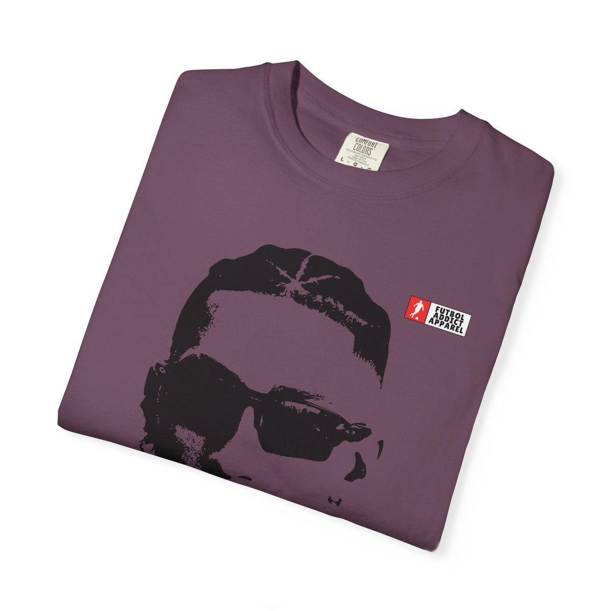 Futbol Addict oversized purple cotton graphic tee featuring a stylized portrait of Raphinha in sunglasses.