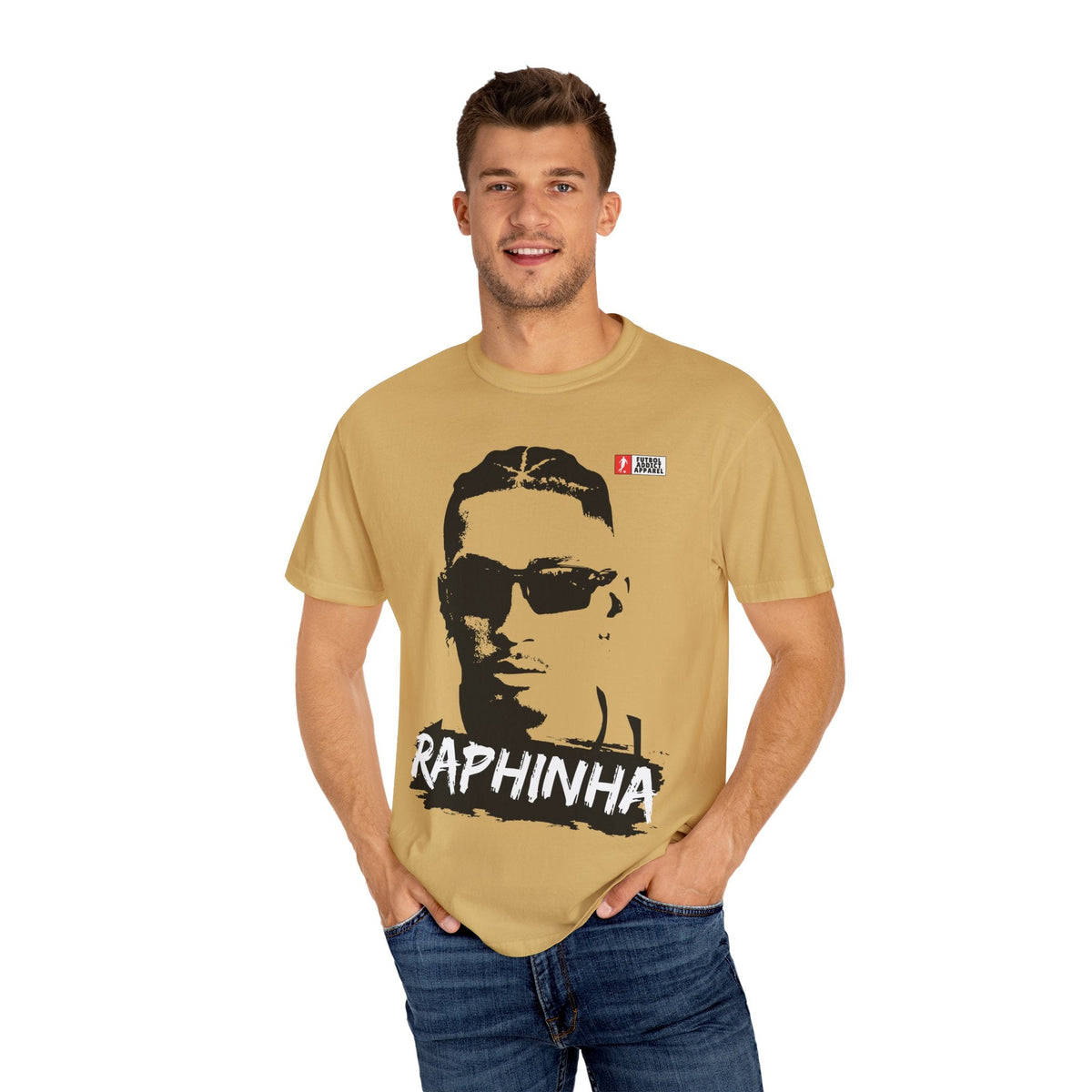 Futbol Addict oversized tan cotton t-shirt featuring a retro graphic print of Raphinha wearing sunglasses