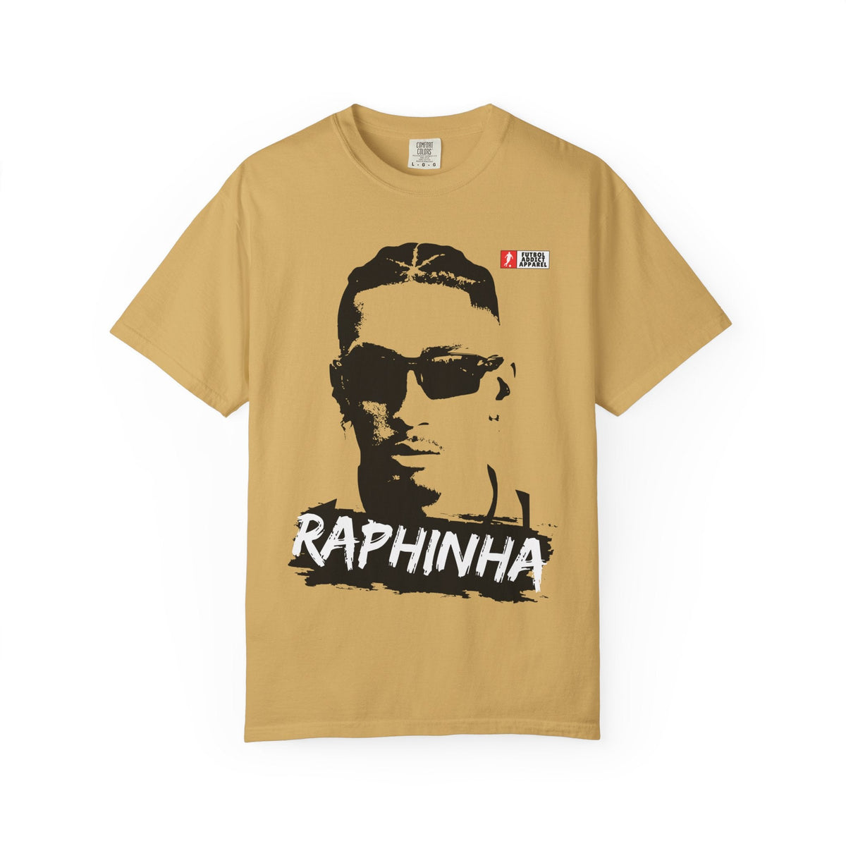 Futbol Addict oversized tan cotton graphic tee featuring a black and white portrait of Raphinha wearing sunglasses