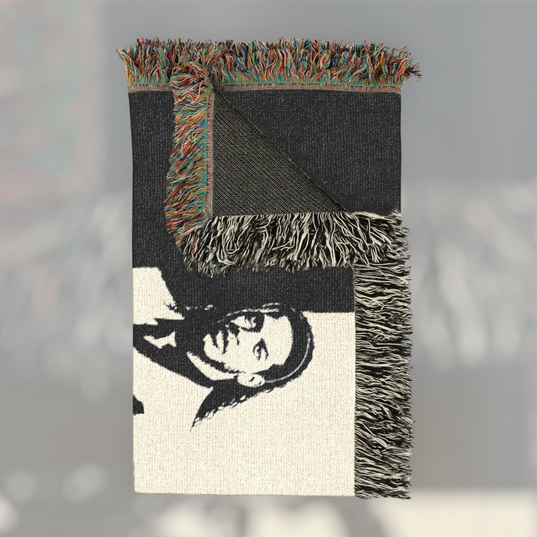 Futbol Addict Ronaldinho Scarface woven cotton blanket featuring a black and white portrait with colorful fringed edges
