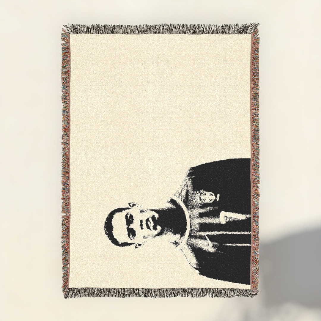 Futbol Addict Young Ronaldinho woven cotton blanket featuring a black and white portrait with colorful fringed edges.