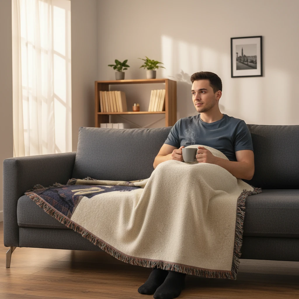 Futbol Addict Ronaldinho woven cotton blanket with fringed edges draped over a man sitting on a grey couch