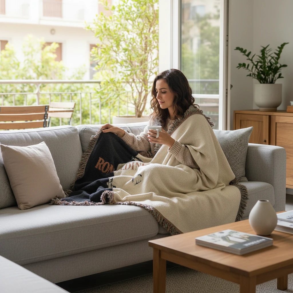 Futbol Addict Ronaldinho Scarface woven cotton blanket with fringed edges draped over a woman on a grey sofa