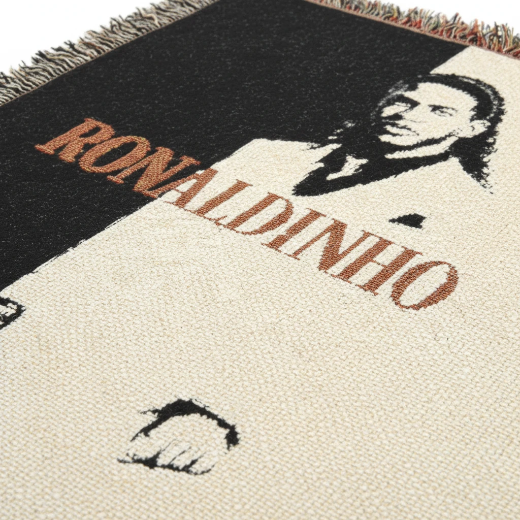 Futbol Addict Ronaldinho Scarface woven cotton blanket with a black and cream portrait design and fringed edges.