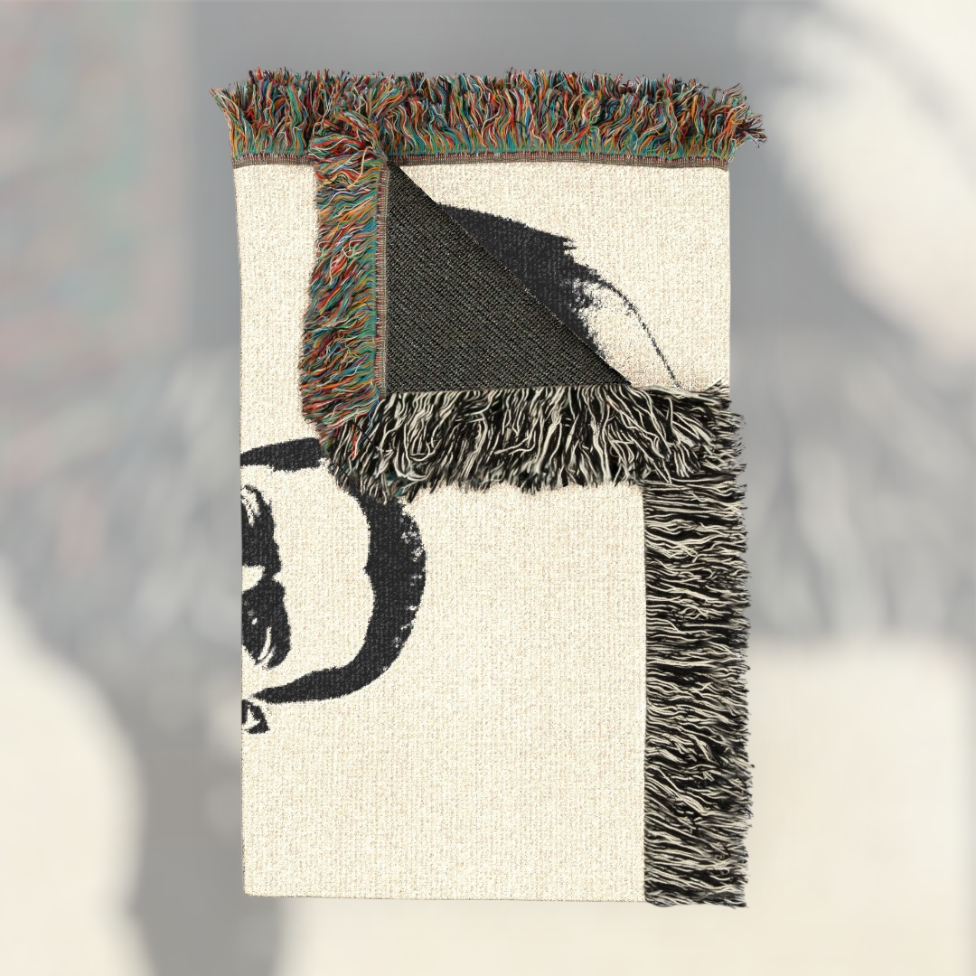 Futbol Addict Young Ronaldinho woven cotton blanket with colorful fringed edges and black graphic design