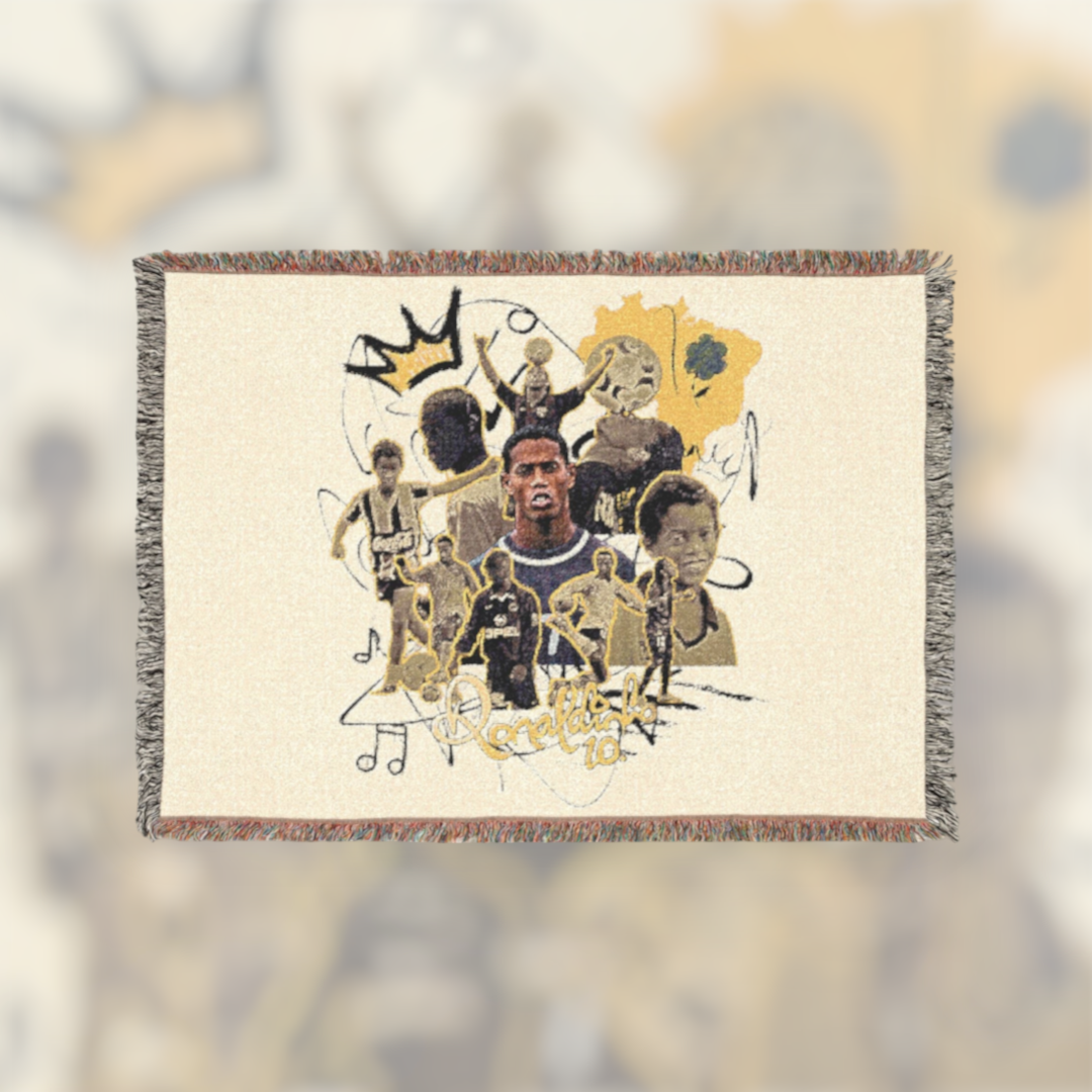 Futbol Addict Ronaldinho woven cotton blanket featuring collage of R10 football moments and colorful fringed edges.