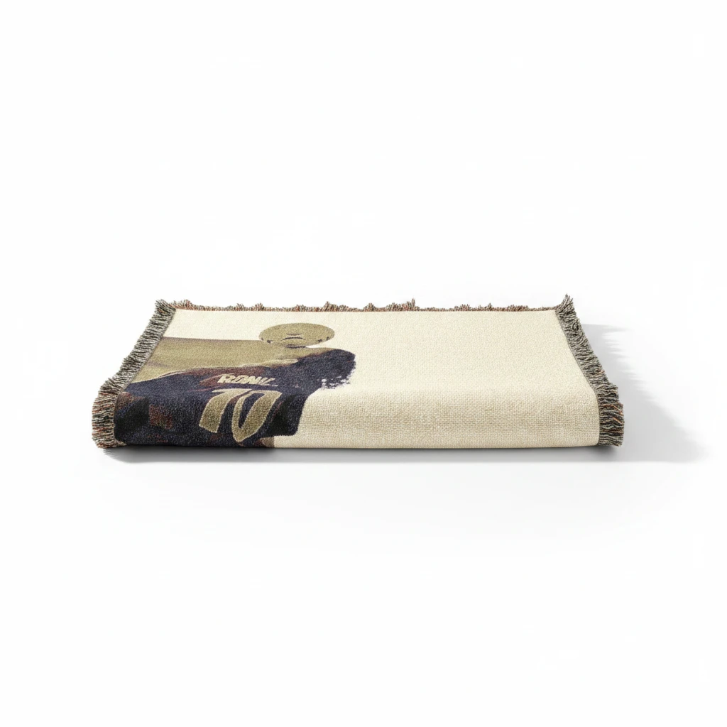 Futbol Addict Ronaldinho woven cotton blanket featuring a football player graphic and decorative fringed edges.