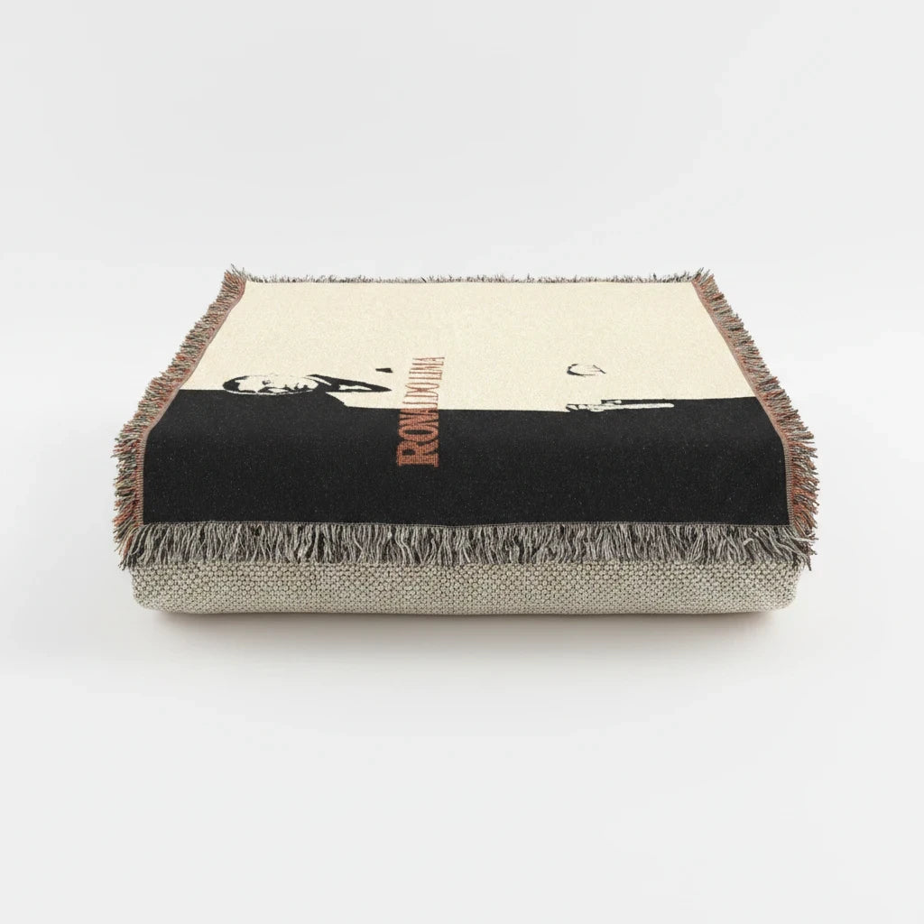 Futbol Addict Ronaldo Lima Scarface woven cotton blanket with black and cream design and colorful fringed edges