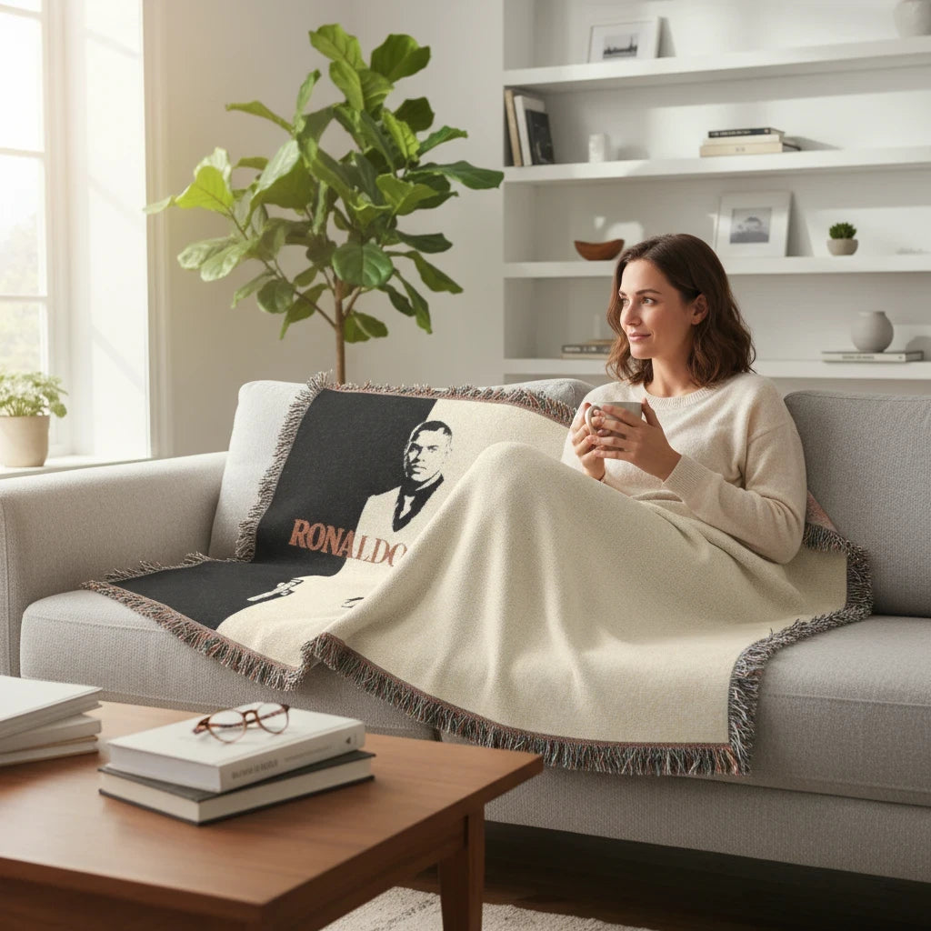Futbol Addict Ronaldo Lima Scarface woven cotton blanket draped over a woman sitting on a grey couch in a living room.