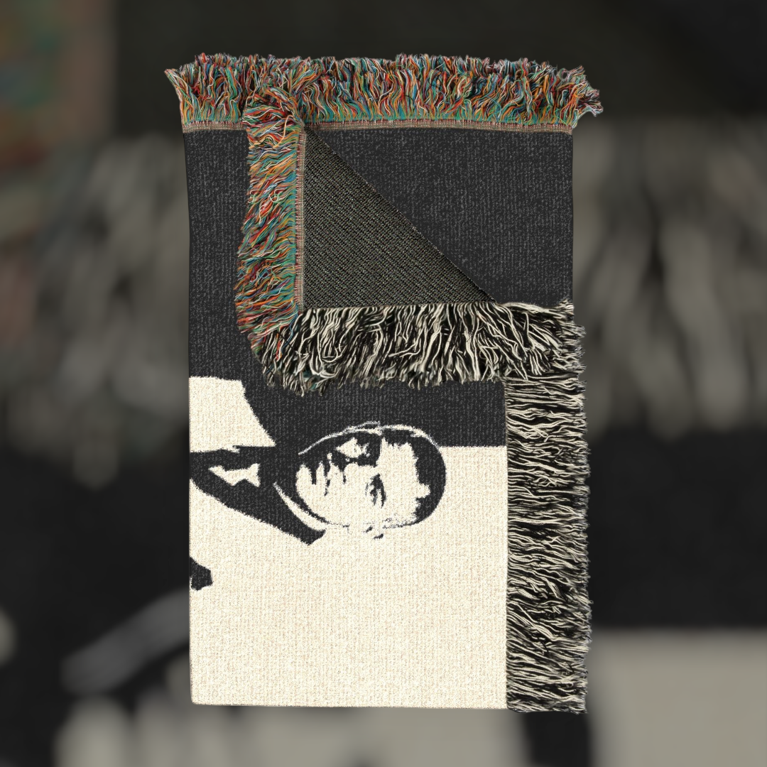Futbol Addict Ronaldo Lima Scarface woven cotton blanket featuring a black and white portrait with colorful fringe