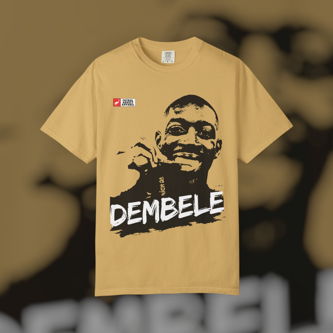 Futbol Addict oversized tan cotton graphic t-shirt featuring a vintage-style portrait of Ousmane Dembele