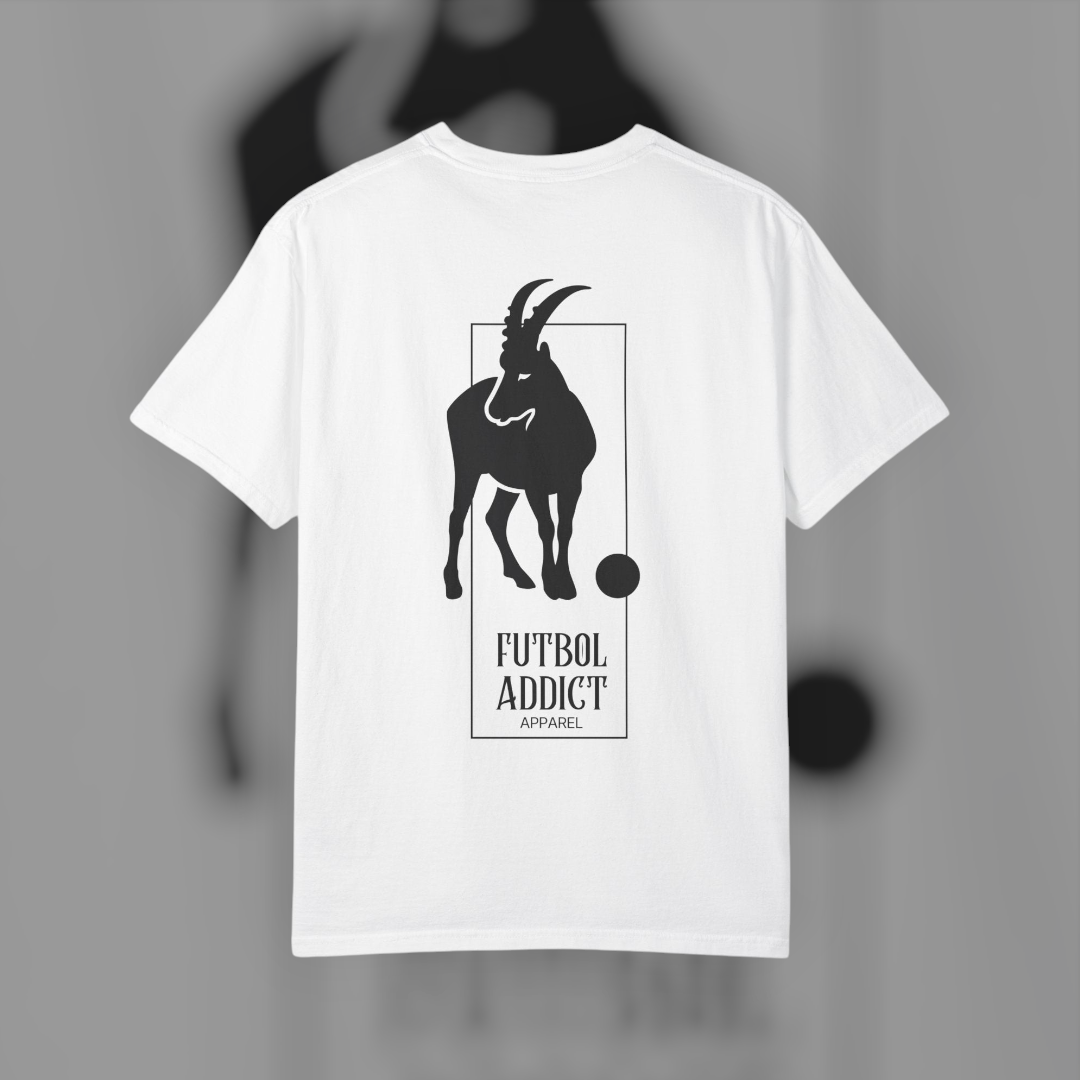Futbol Addict white oversized cotton graphic tee featuring a black goat illustration and brand logo on the back