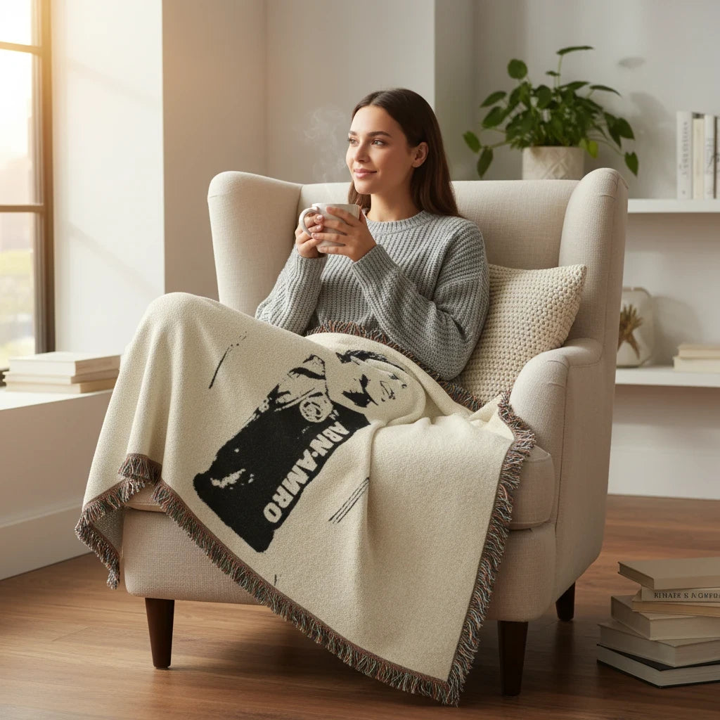 Futbol Addict Zlatan Ibrahimović woven cotton blanket with fringed edges draped over a woman sitting in an armchair.