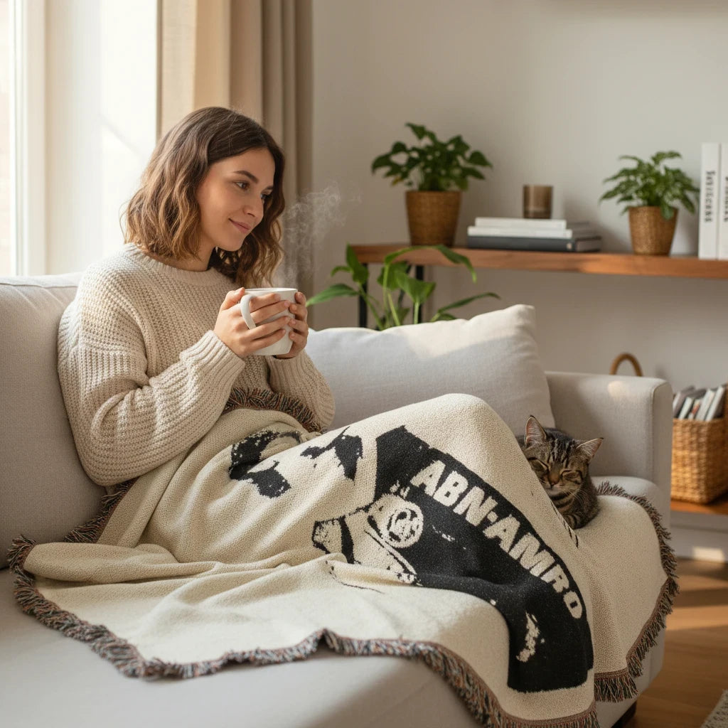 Futbol Addict Zlatan Ibrahimović woven cotton blanket with fringed edges draped over a woman sitting on a couch.